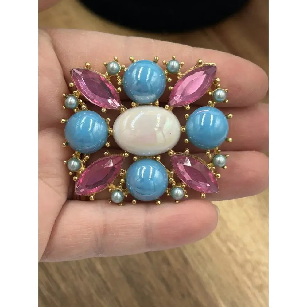 Vtg Cabachon Brooch Gold Tone Pink Blue White Easter Spring Pastel Colorful - Picture 3 of 7